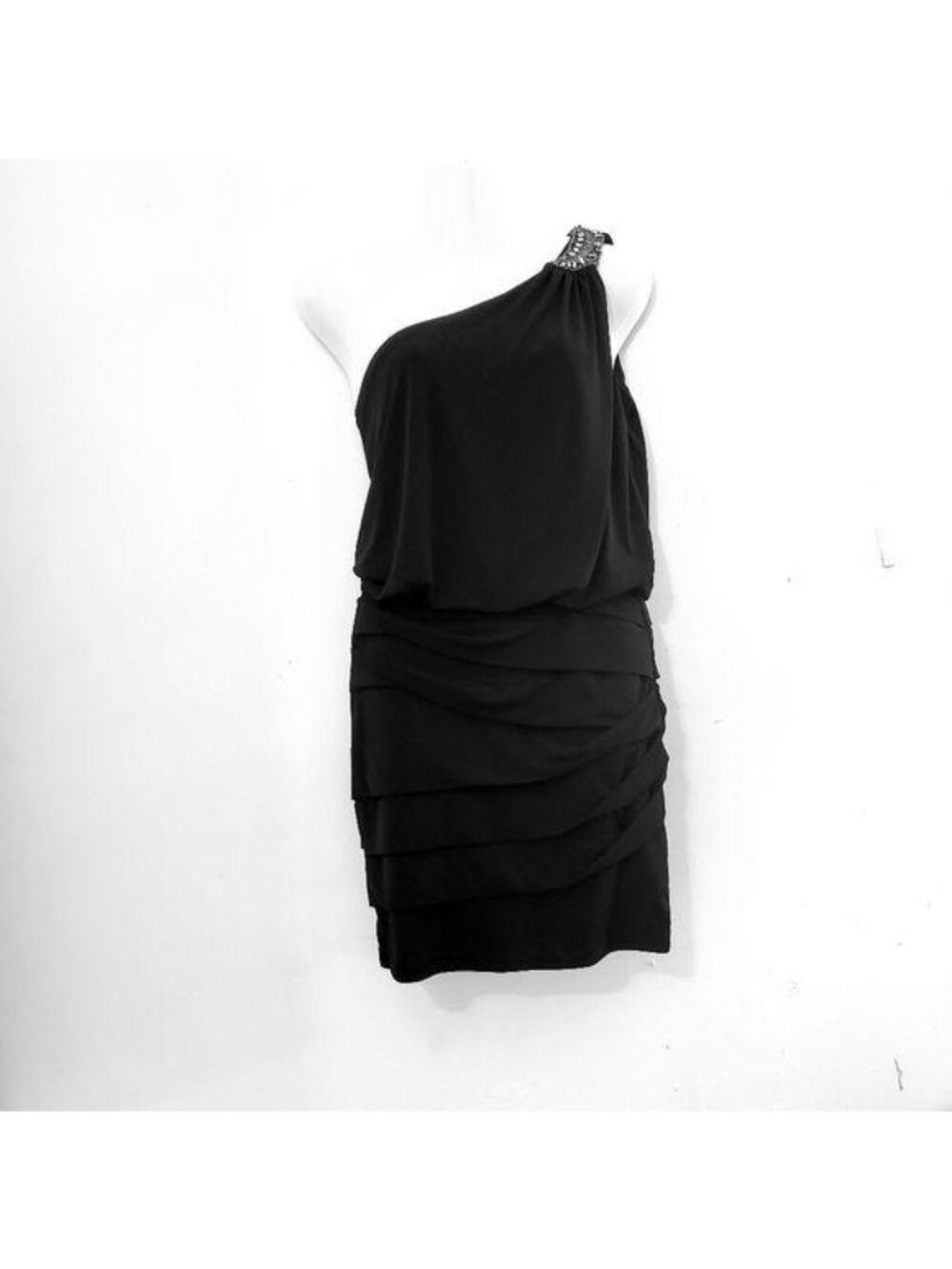 City Studios One-Shoulder Black Mini Dress W/ Beaded Strap & Ruched Skirt - Size